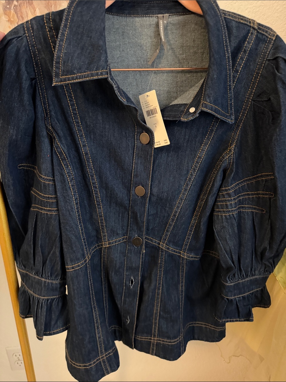 Anthropologie Dark Blue Denim Button-Front Puff Sleeve Shirt